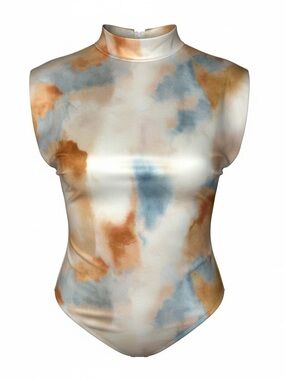 SHEIN Blue & Tan Watercolor High-Neck Sleeveless Bodysuit